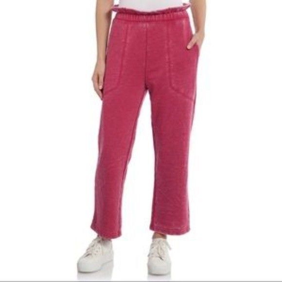 7 For All Mankind Jeans Red Burnout Crop Sweatpants  Size M  Ruffle Waist  NWT - Picture 1 of 11